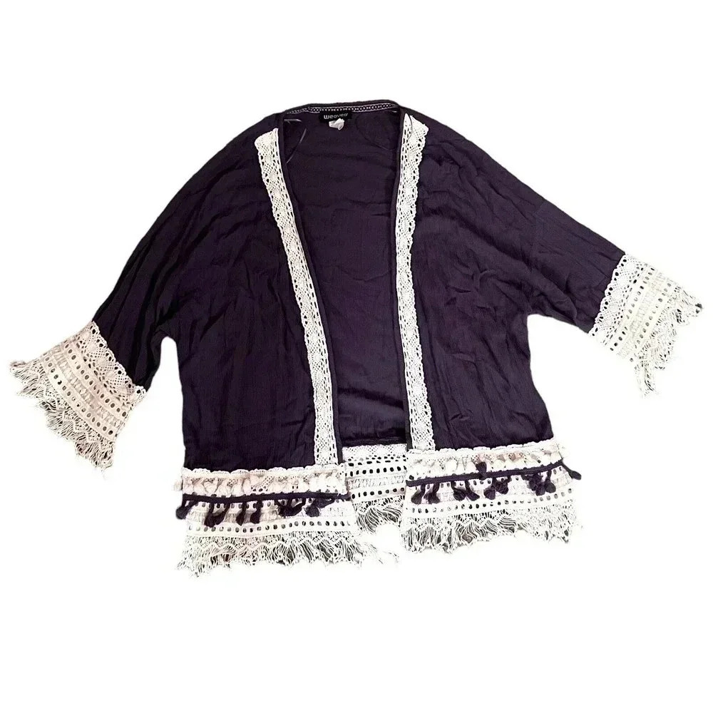 Weavers Womens Blue White‎ Lace Tasseled Kimono Cardigan Top Sz L Boho Bohemian